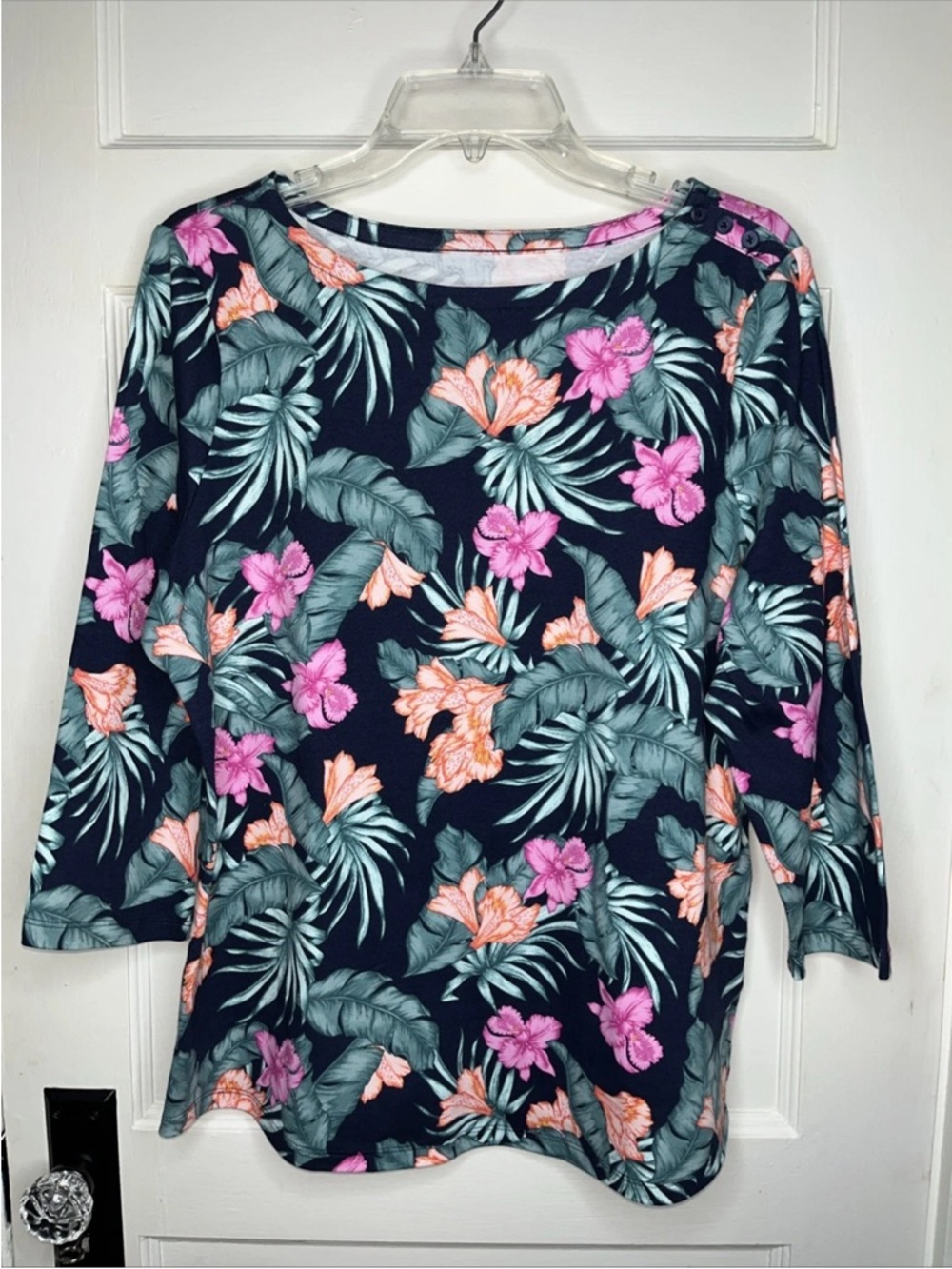 Women’s Shirt Size XL Charter Club 3/4 Sleeve Blue Tropical Floral 100% Cotton